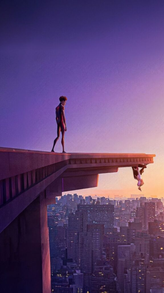 Spider-themed heroes stand on a ledge overlooking a cityscape at sunset.