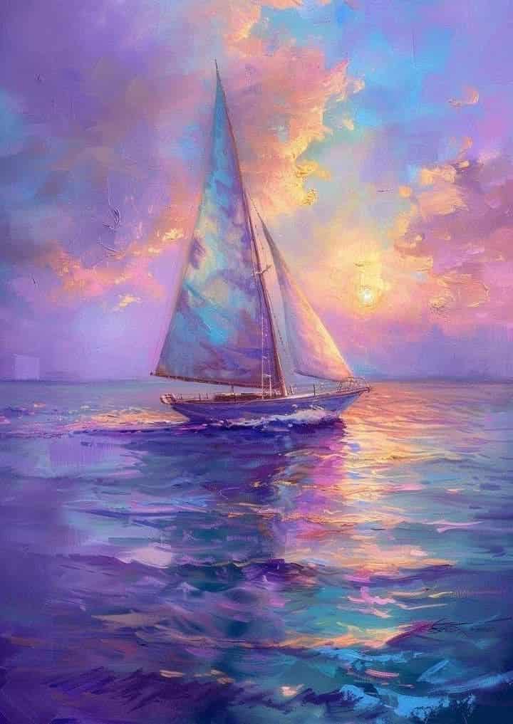 f49810a7c63ff77c87a3343ee112f6a2 Sailboat on vibrant ocean at sunset, painted in vivid colors, with pink and purple skies reflecting on the water, creating a serene scene. | Sky Rye Design Sailboat on vibrant ocean at sunset, painted in vivid colors, with pink and purple skies reflecting on the water, creating a serene scene.