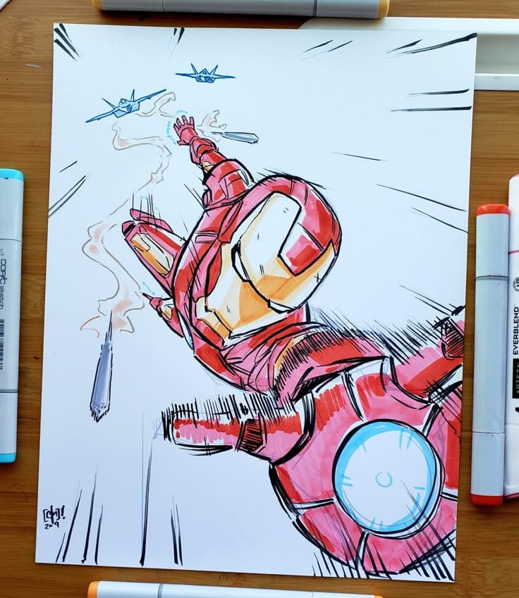 Comic-style drawing of a superhero in red armor flying with dynamic motion lines, missiles approaching next to markers.