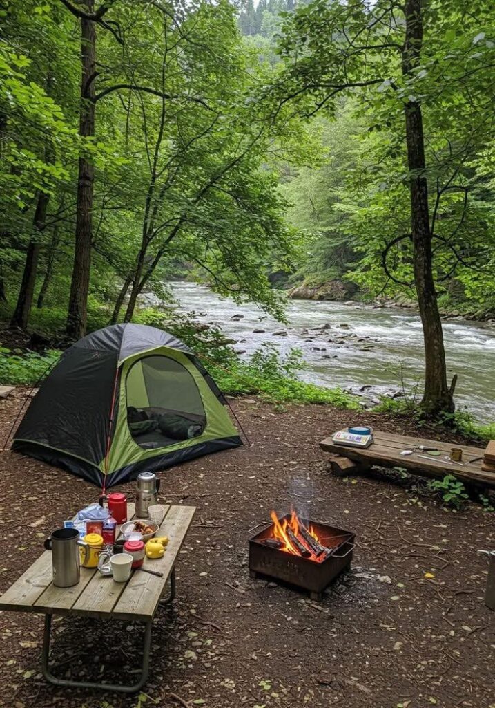 Camping by a river with a tent, campfire, and picnic table in a lush forest setting. Ideal outdoor adventure spot.