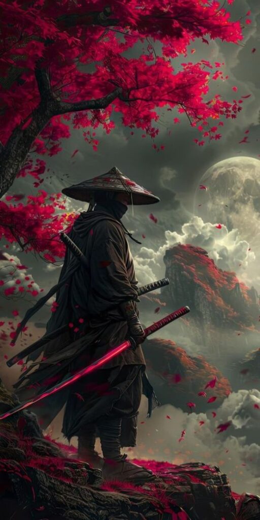 Mystical samurai under a red-leafed tree, moonlit sky, and mountains. Enchanting and atmospheric scene.