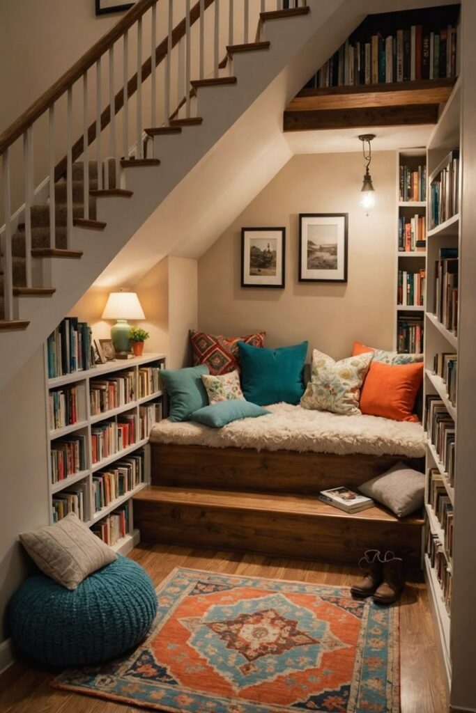 Cozy reading nook under stairs with bookshelves, colorful pillows, and soft lighting for a perfect relaxation spot.