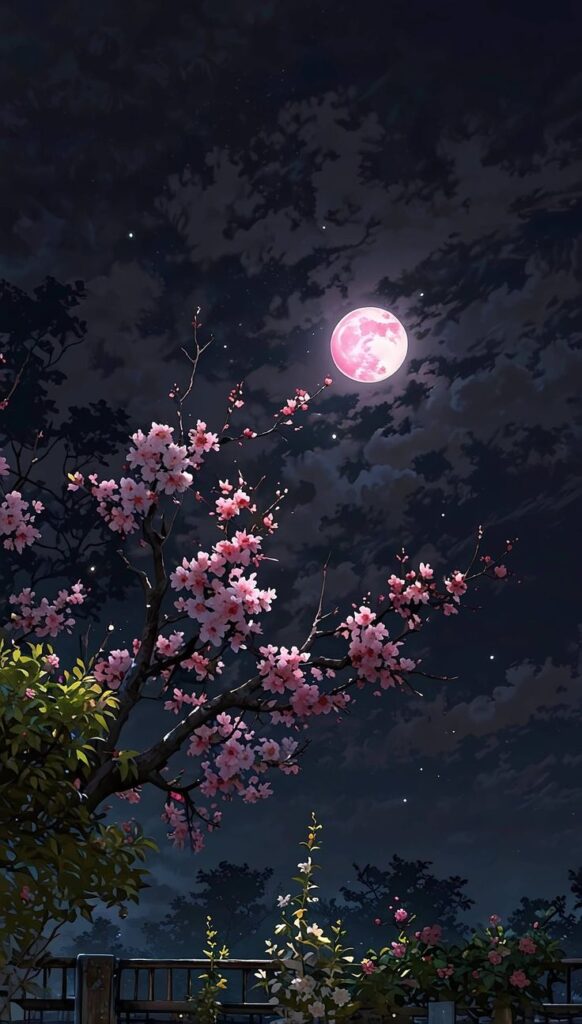 f8337684ee6984b2198dacee61479183 Full moon with cherry blossoms under a starry night sky, creating a serene and picturesque evening scene. | Sky Rye Design Full moon with cherry blossoms under a starry night sky, creating a serene and picturesque evening scene.