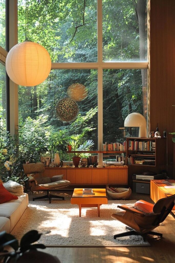 Mid-century modern living room with large windows, lush greenery outside, and cozy furniture inside.