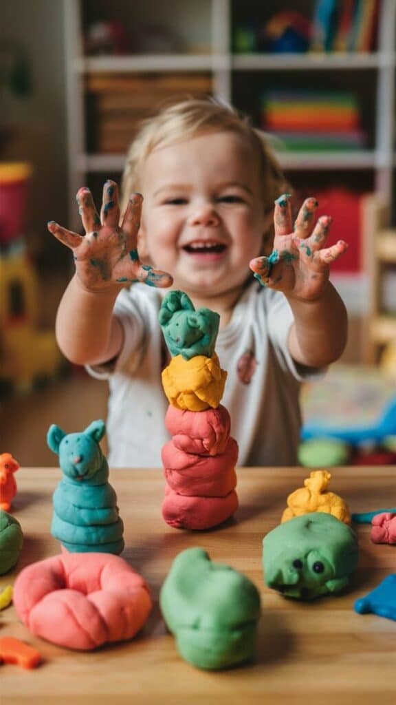 Child smiling with colorful playdough creations, showing hands covered in paint. Creative fun and learning concept.