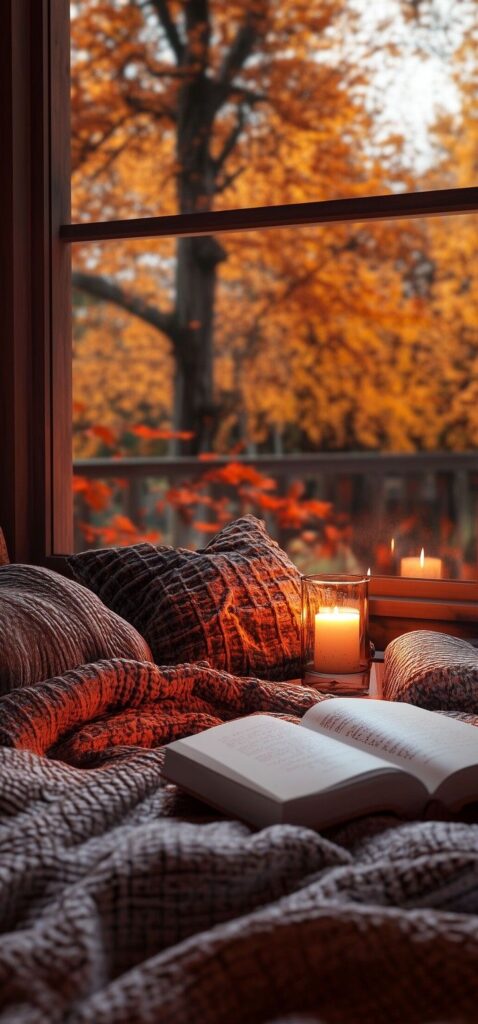 Cozy autumn scene with a candle-lit book on bed, soft blankets, and vibrant fall foliage outside the window.