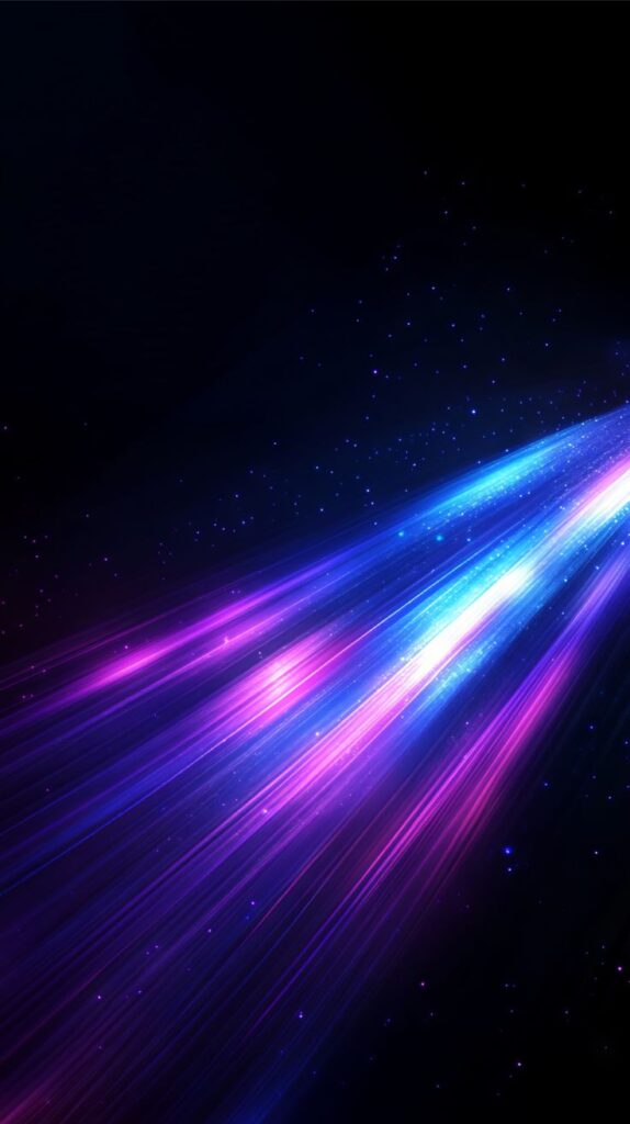 Colorful neon light beams with a starry background, featuring vibrant purple and blue streaks.