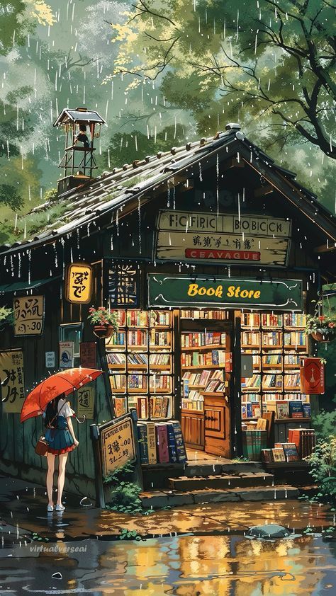 Anime scene of a cozy bookstore in the rain, with a girl holding a red umbrella, surrounded by lush green trees.
