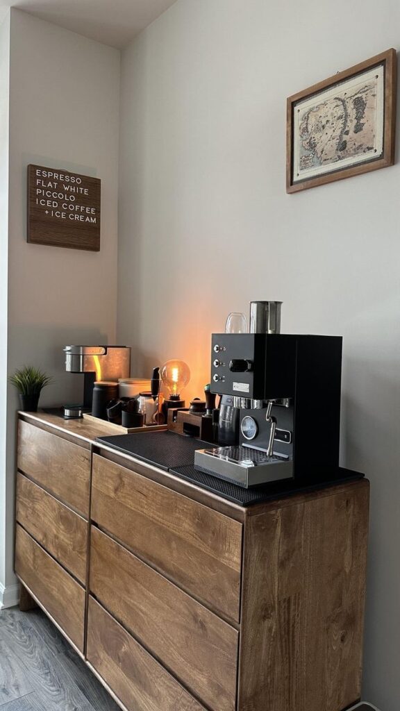 Home coffee bar setup with espresso machine, wooden cabinet, and decorative wall art.