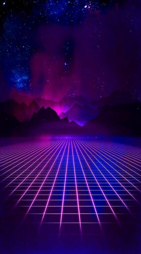 Futuristic grid landscape with neon pink and purple hues under a starry sky. Retro sci-fi digital art.