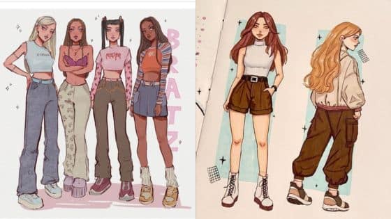 female body drawing Stylish cartoon characters in trendy outfits, showcasing modern fashion vibes and diverse styles. | Sky Rye Design Stylish cartoon characters in trendy outfits, showcasing modern fashion vibes and diverse styles.