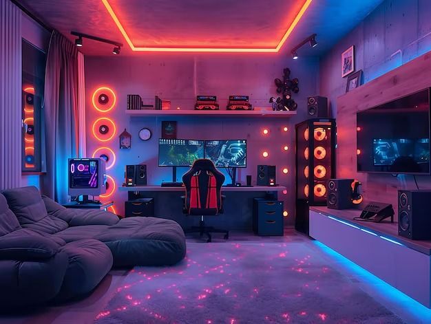 Vibrant gaming room with colorful LED lights, multiple monitors, gaming chair, and modern decor. Perfect setup for gamers.