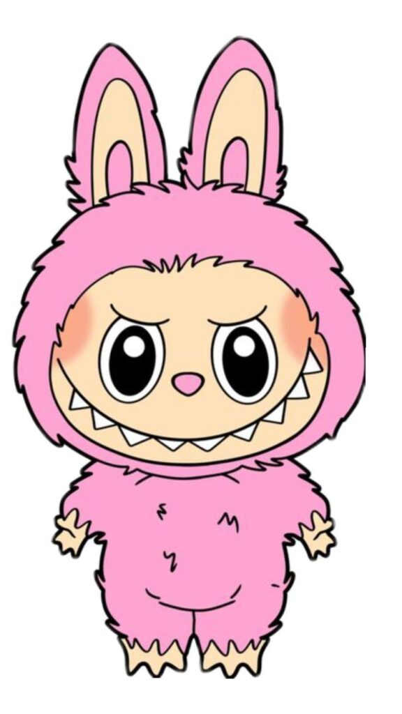 Cute cartoon character in a fluffy pink costume with bunny ears and a mischievous expression.