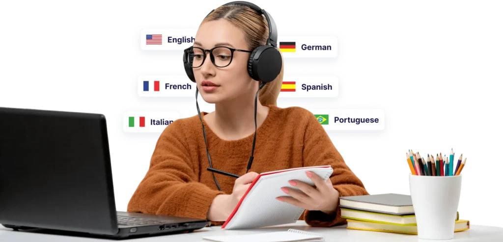 get-started-img Person learning languages online with laptop and headphones, surrounded by various language flags. | Sky Rye Design Person learning languages online with laptop and headphones, surrounded by various language flags.