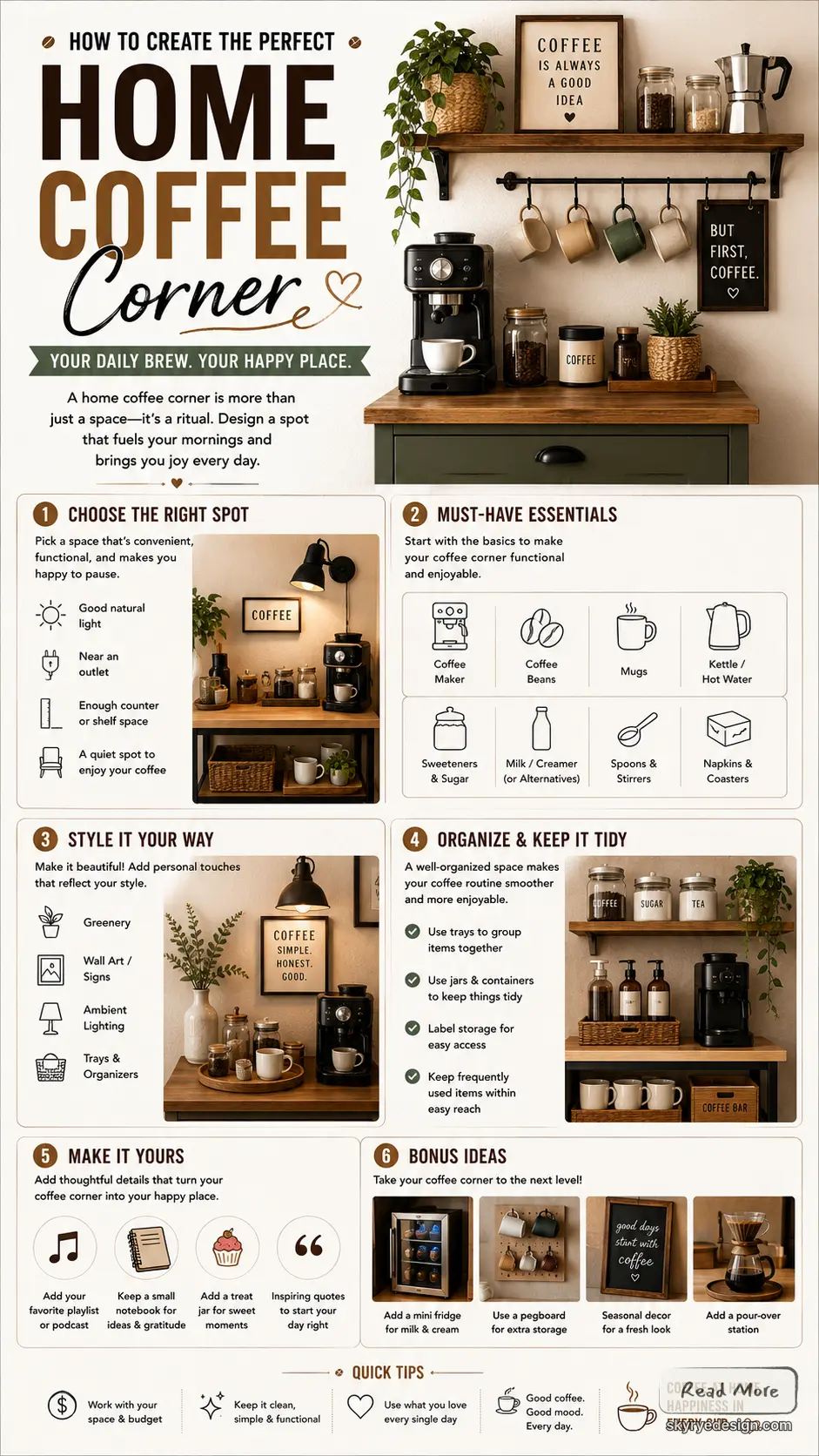 Infographic: How to create the perfect home coffee corner — tips on coffee station essentials, styling, organization.