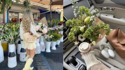 Woman shopping for flowers at a market, and bouquet with coffee in a car interior.