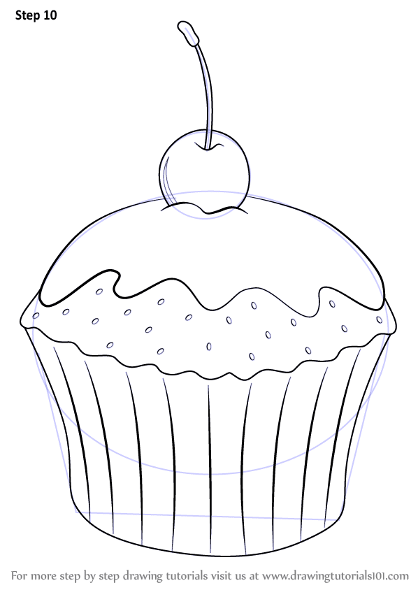 Drawing of a cupcake with icing, sprinkles, and cherry on top, outlined in black and white sketch style.