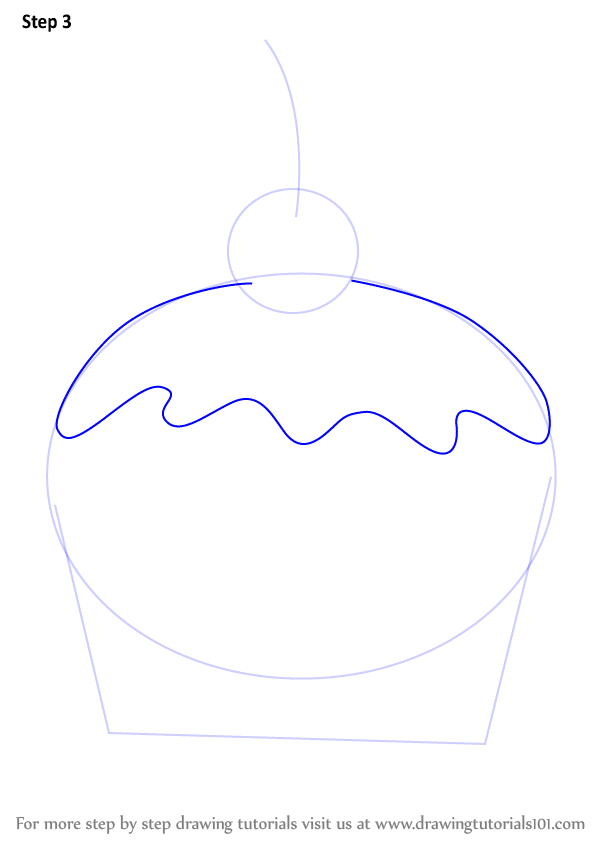 Step-by-step guide to drawing a cupcake outline with frosting and a cherry on top.