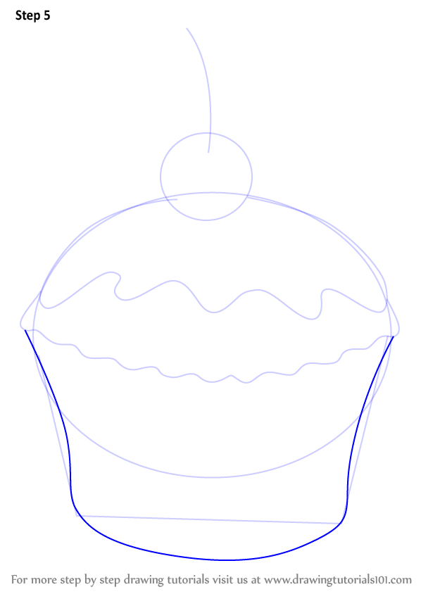 Illustration tutorial step showing how to draw a cupcake with a cherry on top, featuring sketch outlines and guidelines.