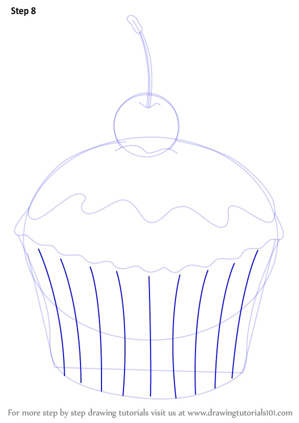 Illustration of a cupcake with icing and a cherry on top, shown in step-by-step drawing tutorial.