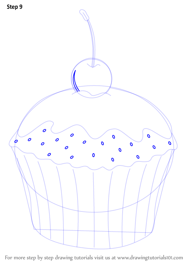 Simple cupcake drawing with frosting and cherry on top, step-by-step tutorial illustration.