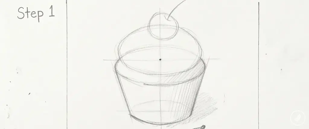Cupcake drawing tutorial Step 1: pencil sketch with construction lines and top cherry circle.