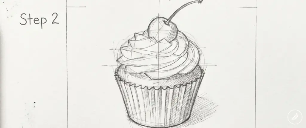 Pencil sketch tutorial Step 2: detailed cupcake with swirled frosting, cherry on top and ribbed paper liner, shading
