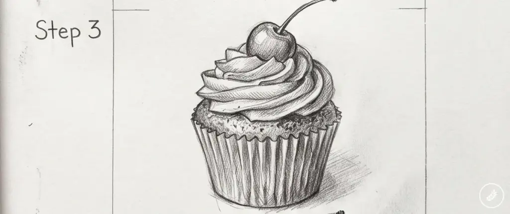 Pencil drawing tutorial: graphite sketch of a cupcake with swirled frosting and cherry on top (Step 3)