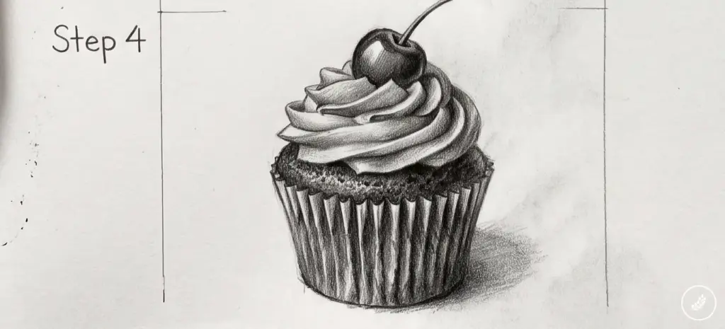 Pencil cupcake drawing tutorial: realistic sketch of cupcake with swirled frosting and cherry, labeled Step 4
