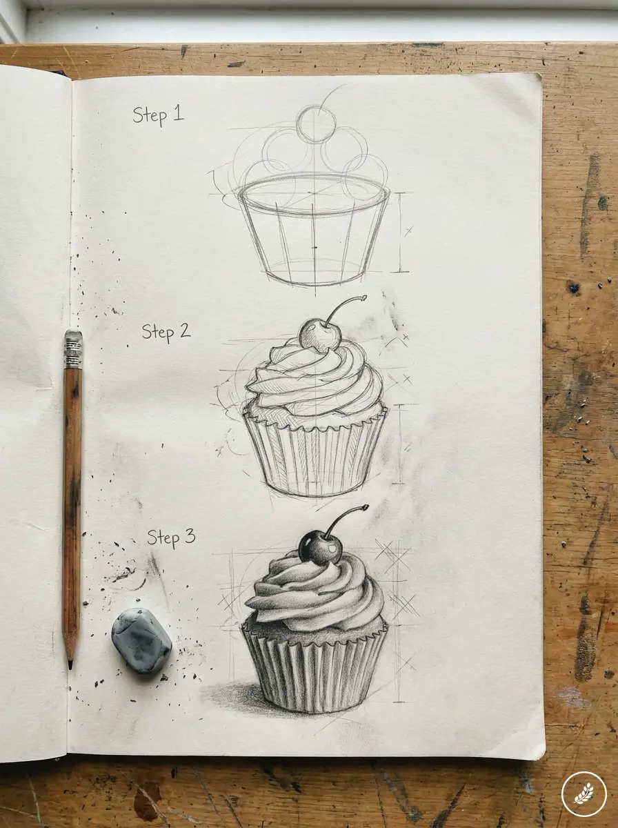 Sketchbook step-by-step pencil drawing tutorial of a cupcake with cherry, pencil and eraser on a wooden desk