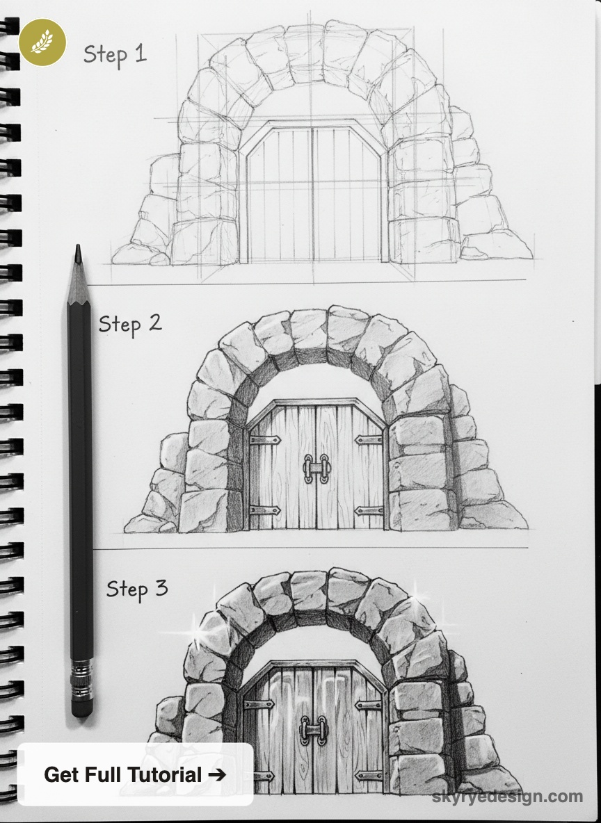 Step-by-step pencil drawing tutorial of a stone arched doorway with wooden double doors on a sketchbook page