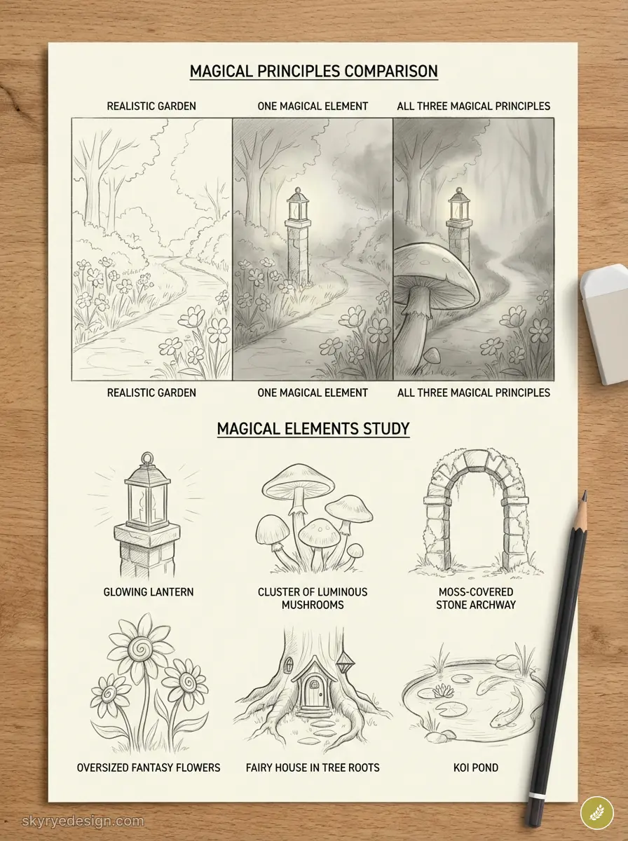 Magical garden concept art: comparison panels and elements study, lantern, mushrooms, stone arch, fairy house, koi pond