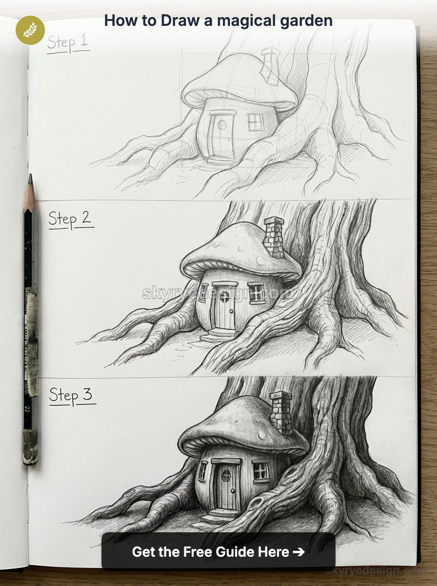 Sketchbook tutorial: three-step pencil drawings of a mushroom house built into tree roots with progressive shading.