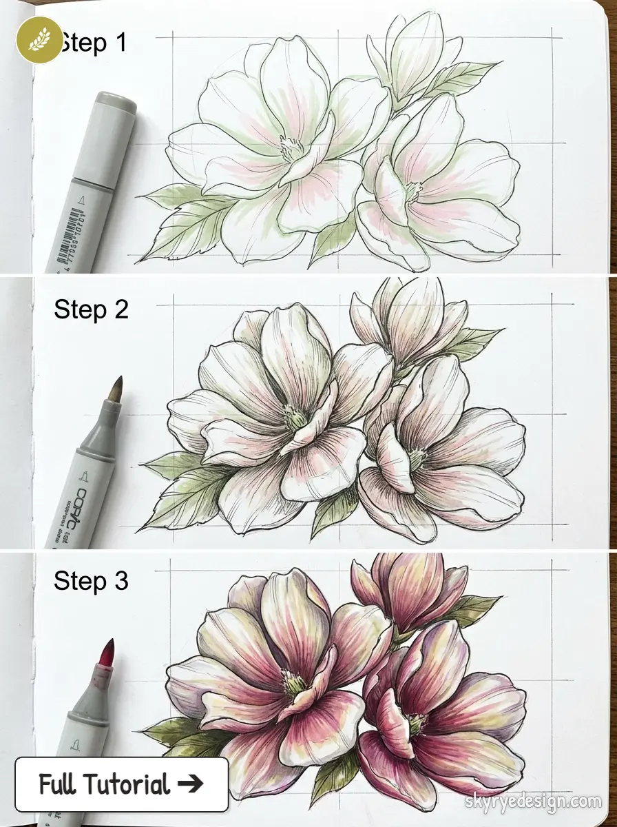 Step-by-step magnolia drawing tutorial with Copic markers: sketch to shaded floral coloring in three steps