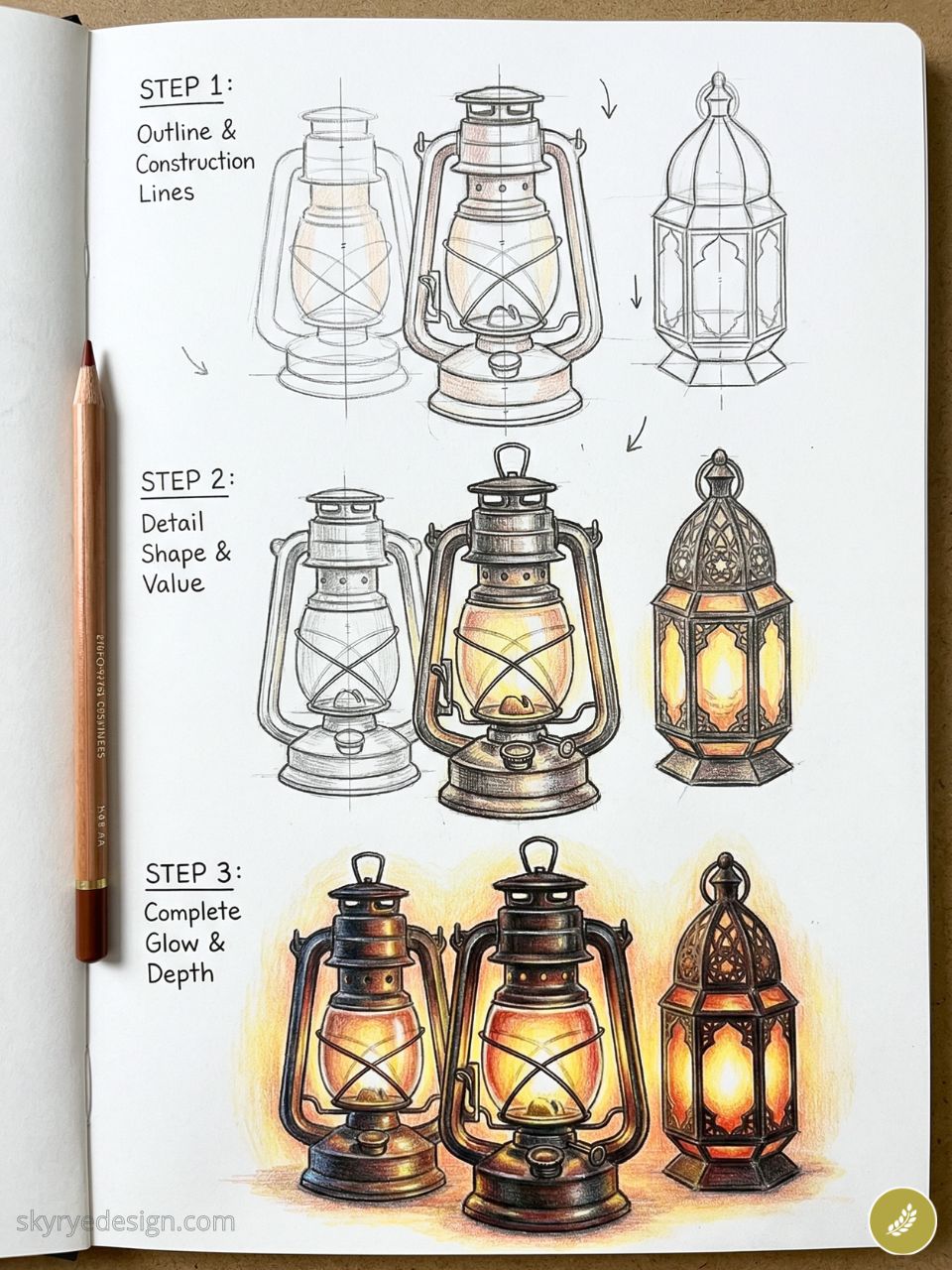 Colored pencil tutorial page: step-by-step vintage lantern sketches from outline to full glowing detail