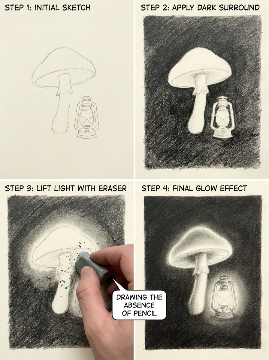 Glowing mushroom and lantern drawing tutorial: step-by-step eraser-lift technique with dark surround