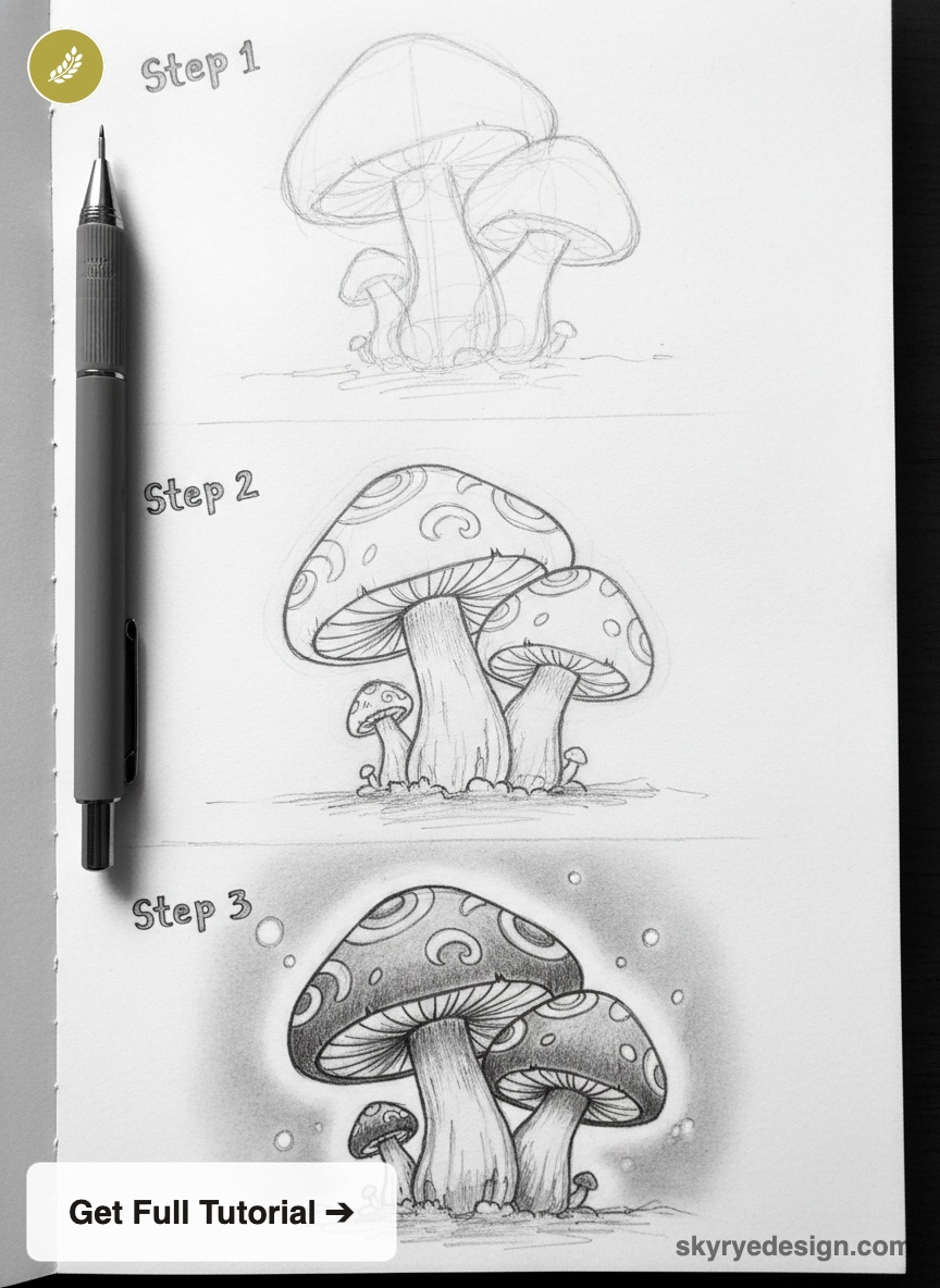 Step-by-step pencil mushroom drawing tutorial showing three stages from rough sketch to shaded final illustration