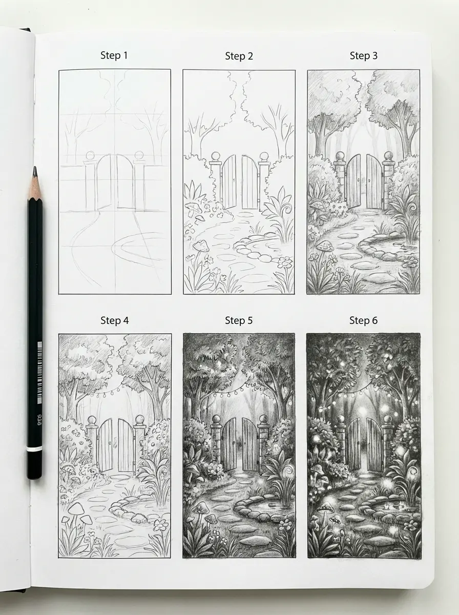 Six-step pencil drawing tutorial of a whimsical garden gate, stone path and surrounding foliage.