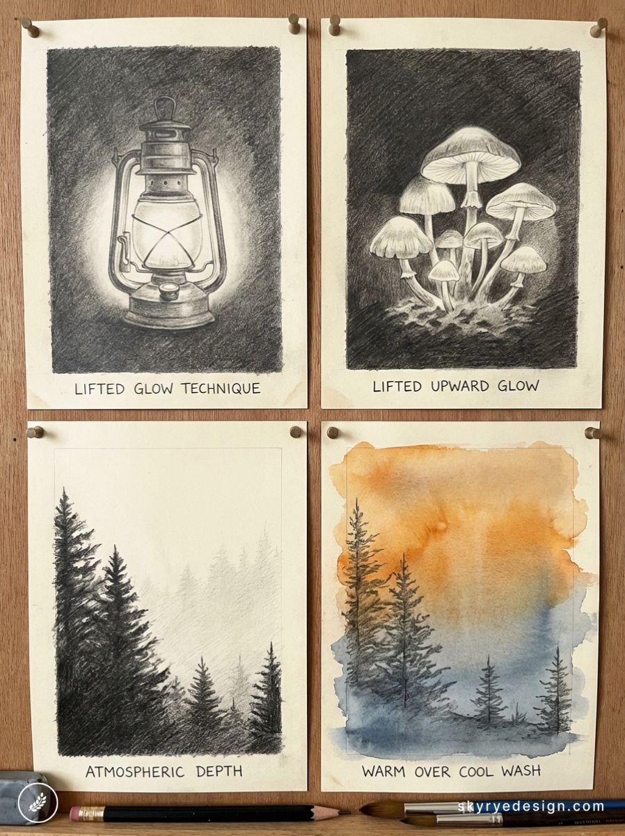 Four pinned art study sheets: pencil lantern, glowing mushrooms, atmospheric pine sketches, warm-over-cool watercolor wash