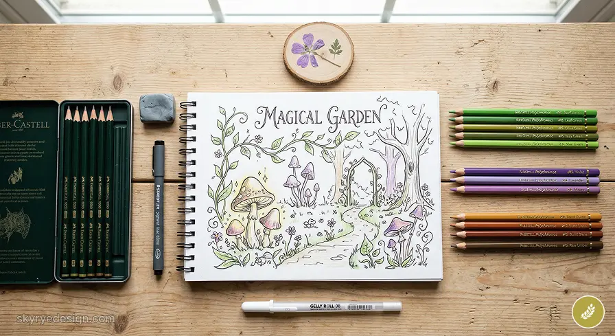 Sketchbook page titled 'Magical Garden' with colored pencils, pen, eraser and nature-themed illustration on wooden table