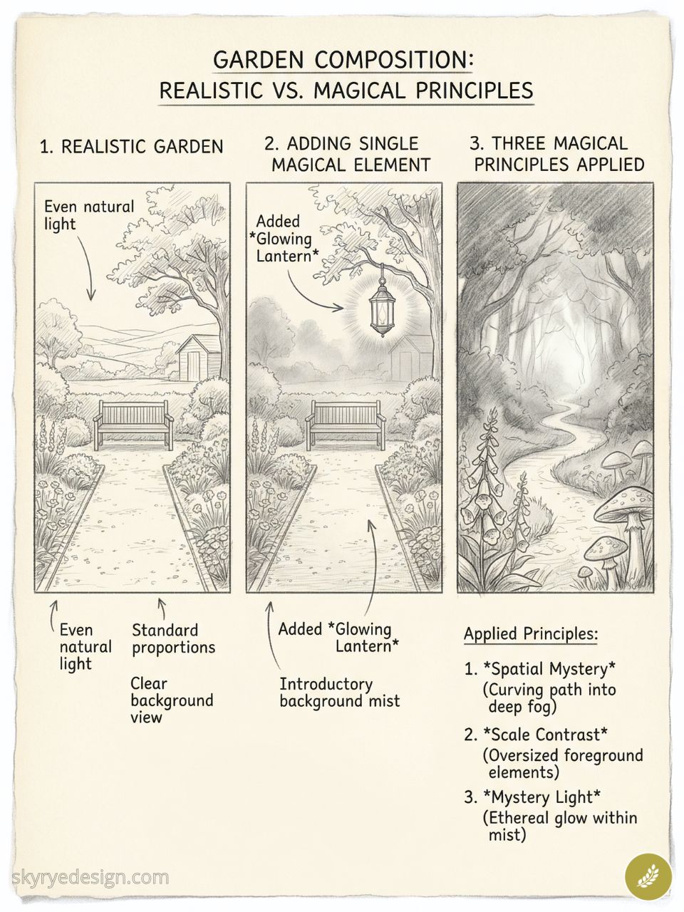 Infographic: garden composition — realistic vs magical, 3 panels show bench garden, glowing lantern, and misty forest path.