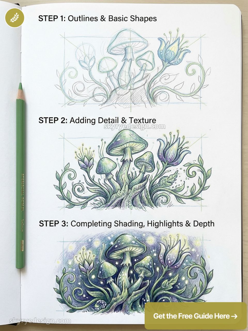 Mushroom and flower drawing tutorial in three steps: outlines, texture/detail, and final shaded colored illustration.