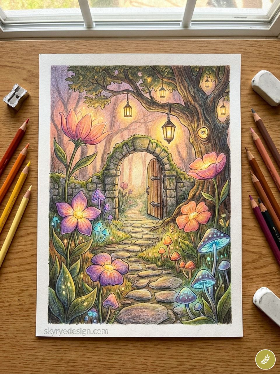 Enchanted garden colored-pencil illustration of a stone-arch path with glowing lanterns, colorful flowers and mushrooms.