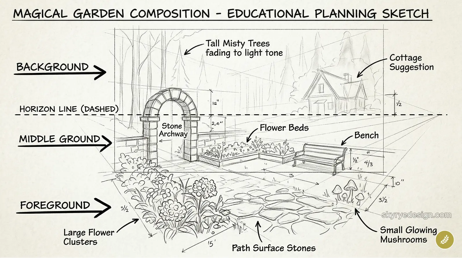 Labeled hand-drawn magical garden composition sketch for planning and perspective with flowers, path, archway, bench, cottage