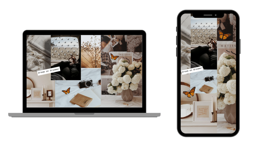 Collage of cozy lifestyle elements with flowers, camera, and dream on dreamer text on laptop and phone screens.