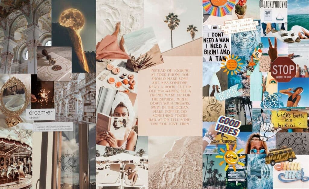 Inspirational mood board with travel, relaxation, and motivational quotes; vintage and beach aesthetics.