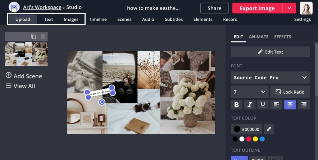 Collage of aesthetic images with floral, beach, and cozy decor elements in a design editing interface.