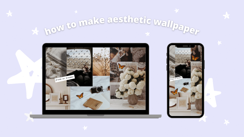how-to-make-aesthetic-wallpaper-covers- Laptop and phone display aesthetic wallpapers with flowers, butterflies, and dreamy quotes on a pastel starry background. | Sky Rye Design Laptop and phone display aesthetic wallpapers with flowers, butterflies, and dreamy quotes on a pastel starry background.