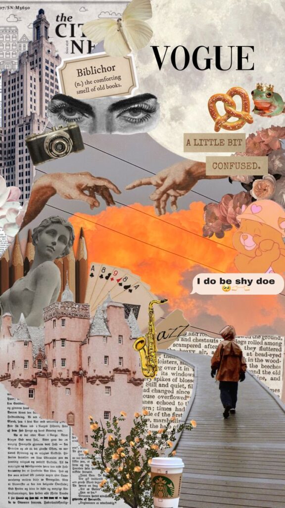 Whimsical collage with vintage elements, architecture, text snippets, and a child walking on a path with an orange sky.