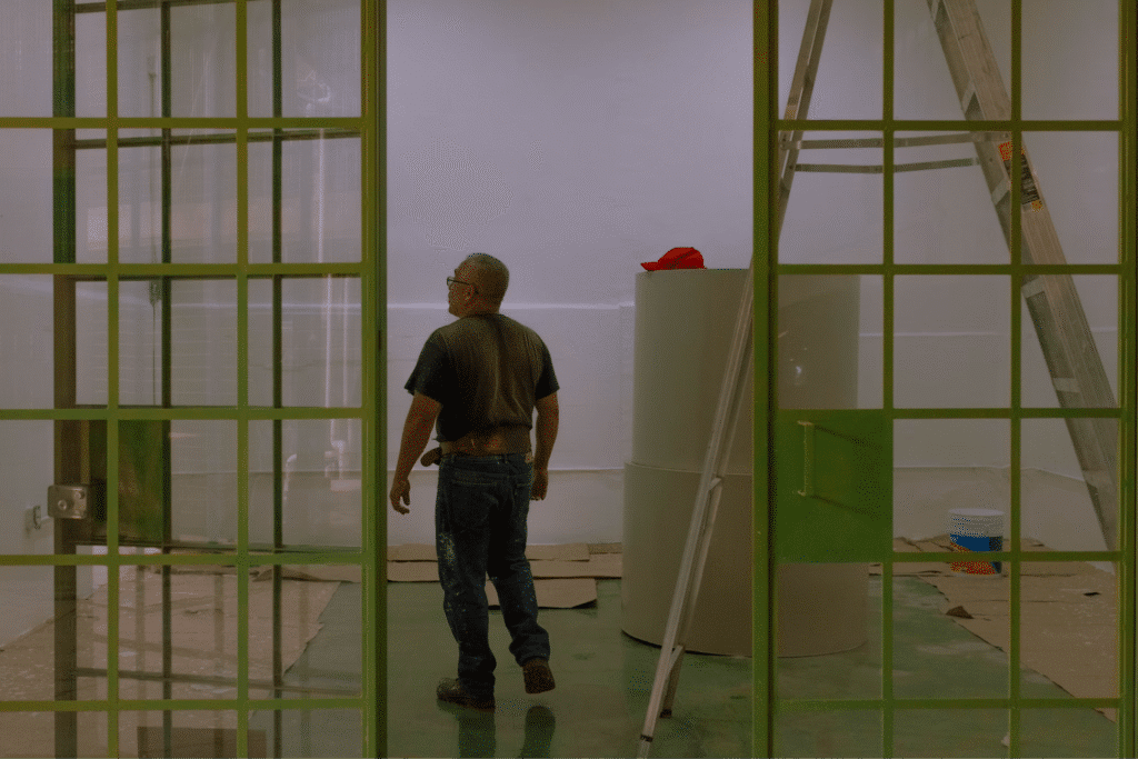 image Man in a workshop with ladder and green grid-like window, preparing for renovation. | Sky Rye Design Man in a workshop with ladder and green grid-like window, preparing for renovation.